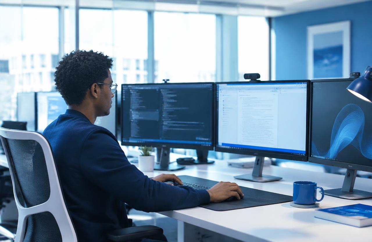 Modern technology workspace with multiple monitors